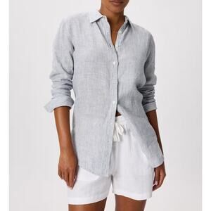 Quince NWT 100% European Linen Long Sleeve Shirt Blue Pinstripe Womens Med Lux